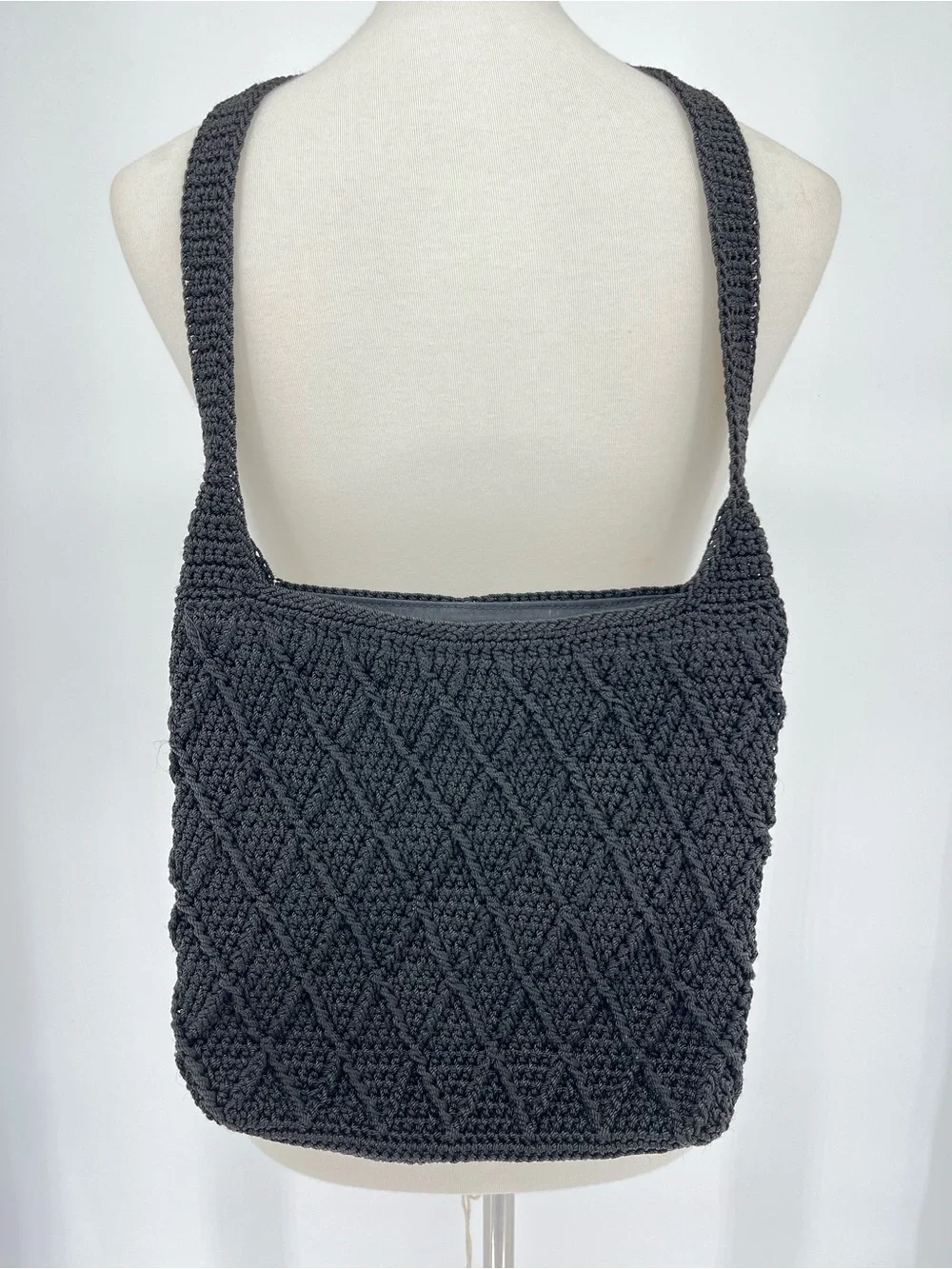 The Sak Black Crochet Knit Shoulder Bag Textured Boho Hobo Purse Handbag
